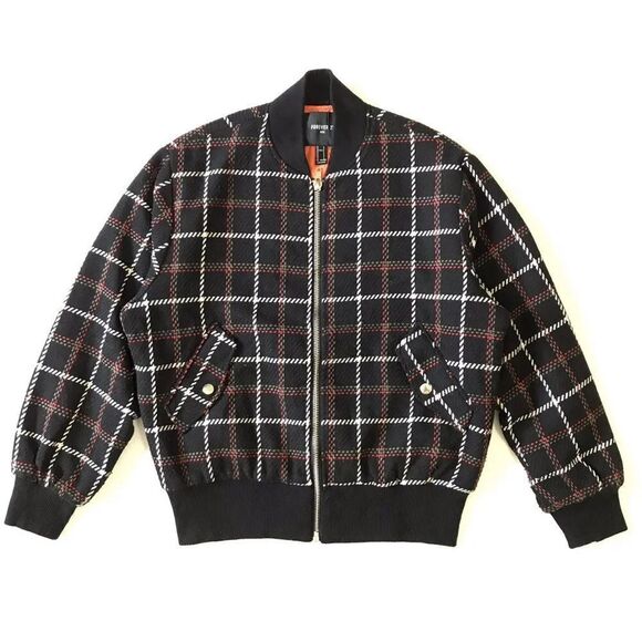 Forever 21 Black White Red Plaid Zip Up Quilt lined Jacket - Picture 1 of 16
